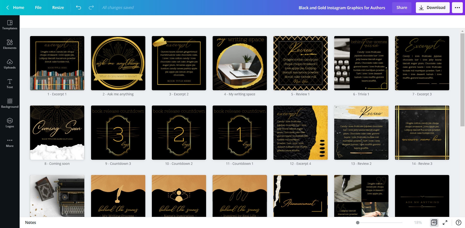 40 Instagram Post Canva Templates for Authors - Black & Gold - Etsy