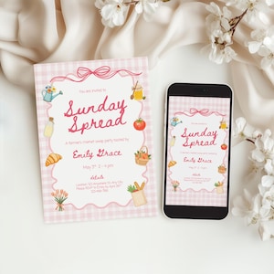May include: A pink and white gingham invitation and a smartphone displaying the same design. The invitation reads "Sunday Spread" with illustrations of food and gardening tools. The event is hosted by Emily Grace.