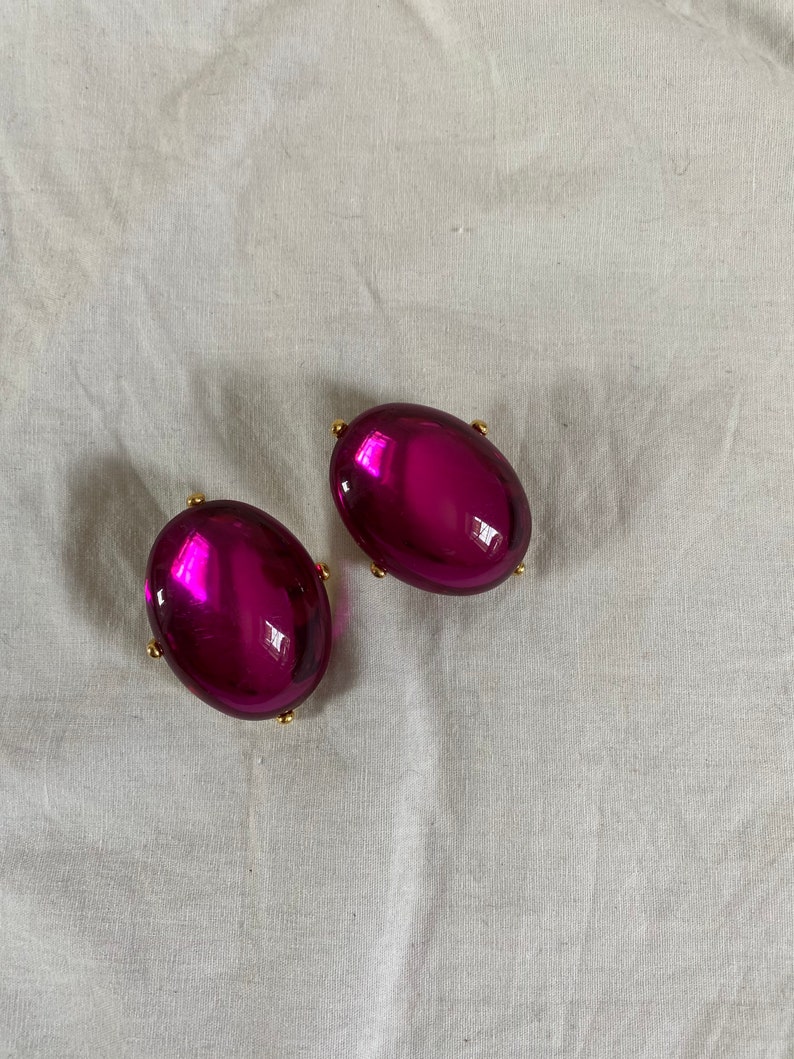 1980s Gold and Magenta Clip On Earrings Vintage Gold and Pink Earrings