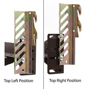 May include: Two metal brackets for attaching a headboard to a bed frame. The bracket on the left is in the top left position, and the bracket on the right is in the top right position.