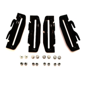 May include: Four black metal brackets with a slot in the center and a hook on each end. The brackets are accompanied by 12 silver screws.