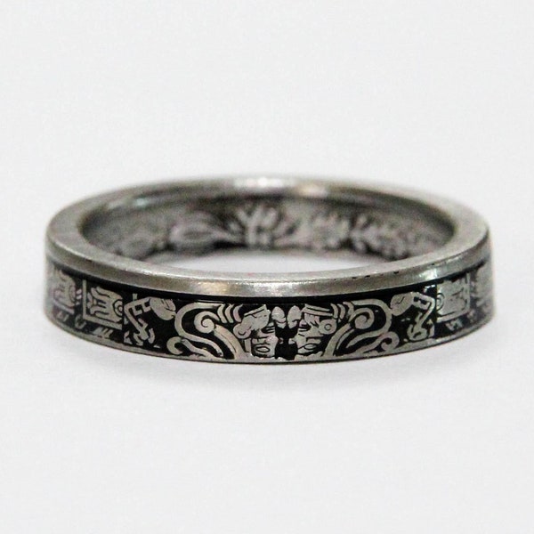Quinceanera Ring, Mexican 5 Peso Coin Ring, Stainless Steel, Aztec Design, Mis Quince Años