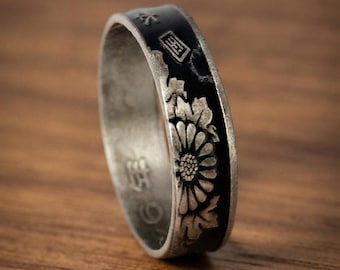 Japanese 50 Yen Coin Ring, Black Powder Coat, Chrysanthemum Floral Band, Cultural Jewelry