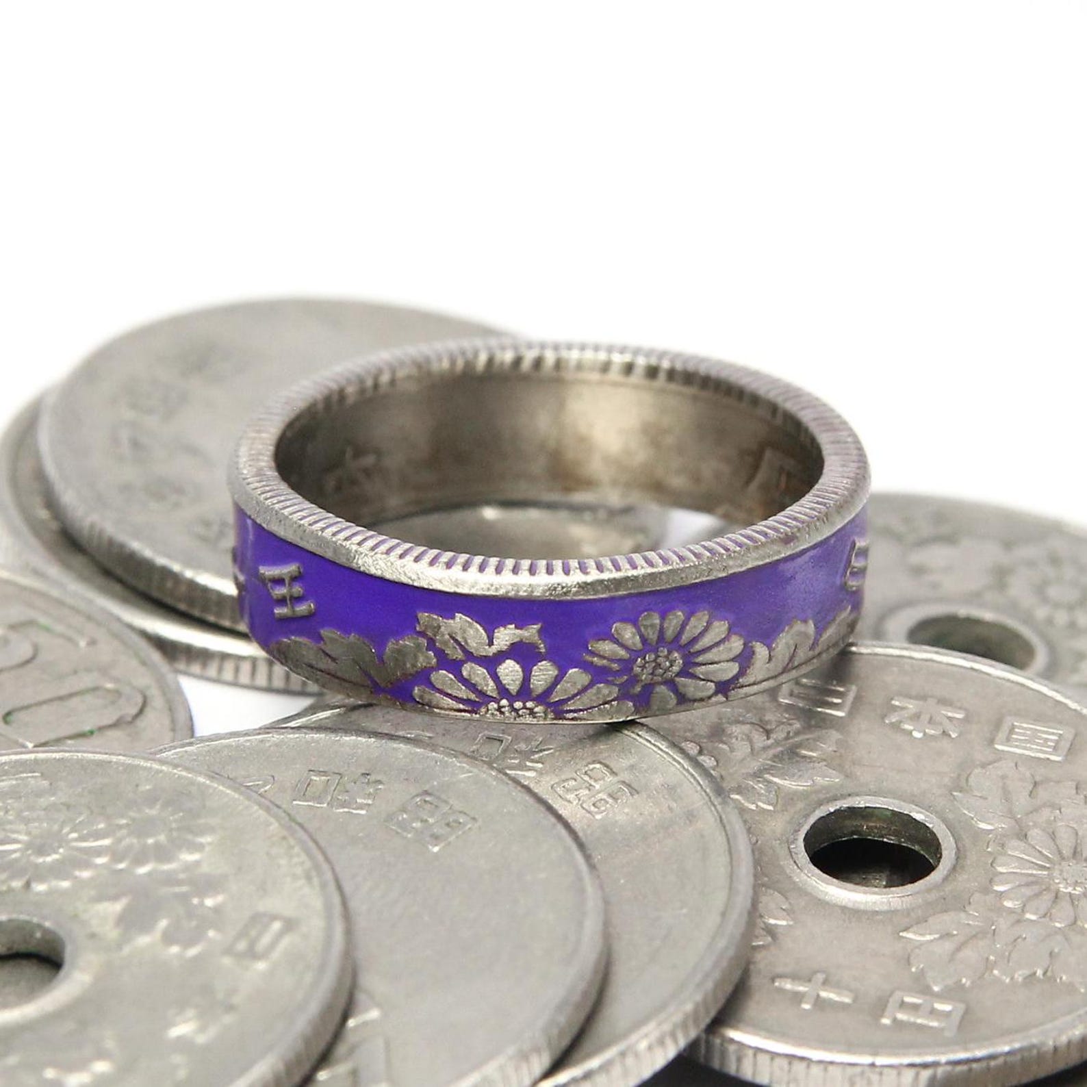 Purple 50 Yen Coin Ring, Japanese Chrysanthemum Floral Band, Cultural ...
