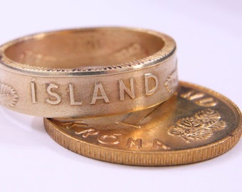 1 Aurar (Krona), Iceland Coin Ring, Coin Ring, Aurar, Iceland Coin, Bronze Coin Ring 1975, Krona, Corona
