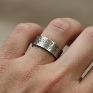 Taiwanese 10 Yuan Coin Ring, Cherry Blossom Band, Floral Wedding Ring, Handmade