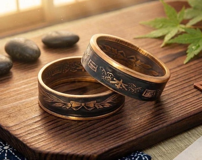 10 Yen Coin Ring, Japanese Wreath Band, Kanji, Phoenix Hall, Copper Jewelry