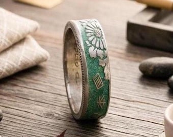 Japanese 50 Yen Coin Ring, Green Powder Coat, Chrysanthemum Flower Band, Anime Promise Ring