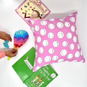 Smiley face pillow – pink kids cushion and cover for nursery & playroom | plush happy face decor, cute gift. limited edition.