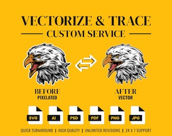 Puede incluir: Gráfico amarillo con el texto "VECTORIZE & TRACE CUSTOM SERVICE". Muestra una cabeza de águila antes y después de la vectorización. Debajo hay iconos de tipo de archivo: SVG, AI, PSD, PDF, PNG y JPG. El texto "QUICK TURNAROUND | HIGH QUALITY | UNLIMITED REVISIONS | 24 X 7 SUPPORT" está en la parte inferior.