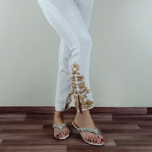 Pakistani Cotton silk Pants for Women, Trousers, Elasticated Pants, Embroidered Trousers, Hand Embroidered Pant, Indian pants for women