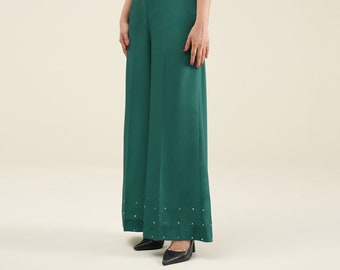 emerald green cigarette trousers Emerald Green Embroidered Silk Trousers, High Waisted Cigarette Pants, Made  to Measure