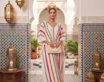 Luxury Embroidered Silk Kaftan Dress | White Resort Caftan | Hand Embroidered Maxi Kaftan | Designer Beach Cover Up | Vacation Dress