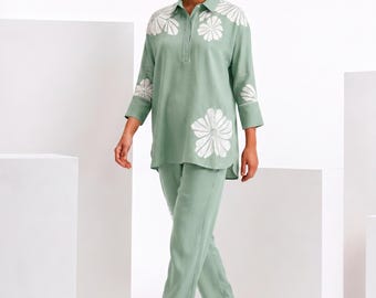 Conjunto de lino verde salvia para mujer, conjunto de lino bordado con apliques florales, conjunto de lujo a juego, ropa pakistaní-india.