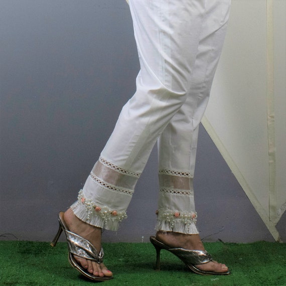 Pakistani pant for women! WHITE LACE & Embroidered Cotton Salwar! Creem  Cotton Summer Cigarette pant - YouTube