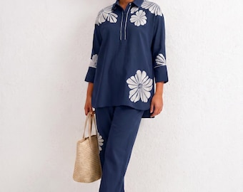 Conjunto de lino azul marino para mujer, conjunto de lino bordado con apliques florales, conjunto de lujo a juego, ropa pakistaní-india.
