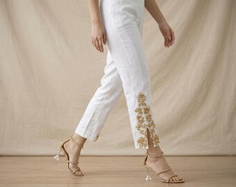 Hand Embroidered Cotton Silk Pants: Pakistani Indian Trousers