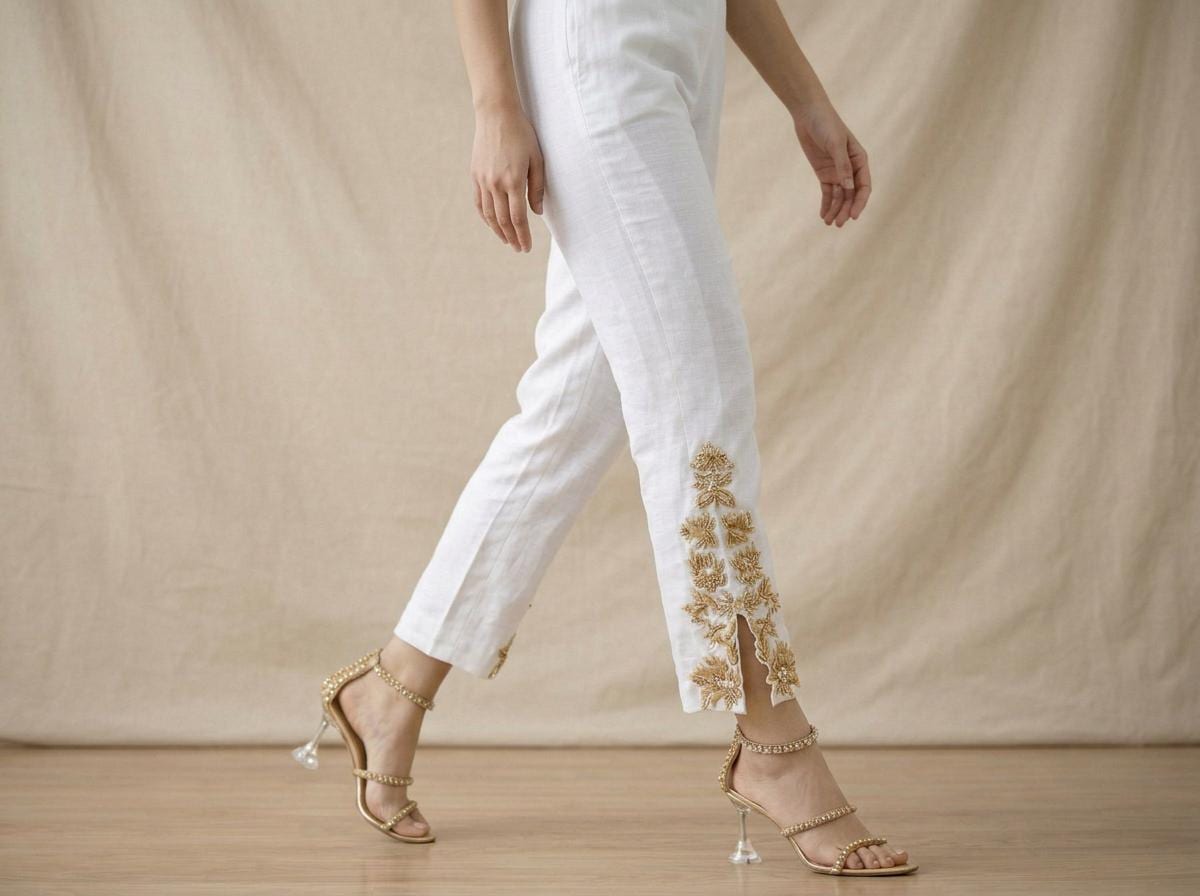 Hand Embroidered Cotton Silk Pants: Pakistani Indian Trousers