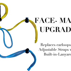 May include: Two black face masks with adjustable straps. The straps are yellow and blue and have black plastic adjusters. The text "FACE-MASK UPGRADE" is written in black on a white background. The text "Replaces earloops to Adjustable Straps with Built-in-Lanyard" is written in black on a white background.