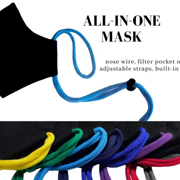ALL-IN-ONE black face mask with nose wire, filter pocket option, adjustable straps, and built-in lanyard, washable, re-usable, comfortable