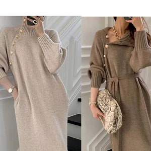 Cashmere Wool Blend Mock Neck Midi Dress / Ribbed Mock Neck and Sleeves