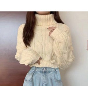 Boxy Cropped Cable Knit Pullover Turtleneck Sweater