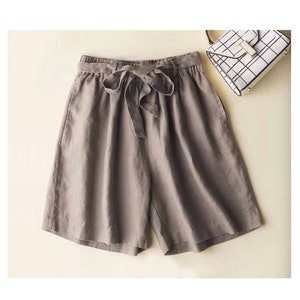Linen Pleated Shorts With Belt and Pockets, Linen Shorts With Elastic Waistband and Belt