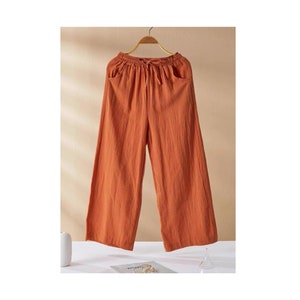 Linen Blend Wide Leg Cropped Length Pants