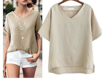 Linen V- Neck Loose Fit Short Sleeve Top