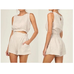 Linen Two-Piece Top Short Casual Wear Set / Keyhole Back Cropped Top