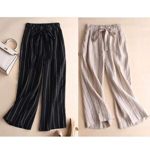 Linen Stripe Pants, Cropped Stripe Pants with Belt Loops and Strap