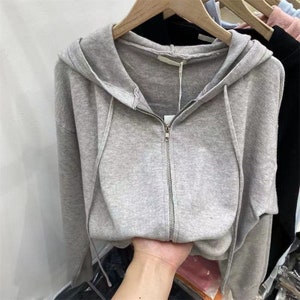 Designer Cashmere Knit Cropped Zip Up Hoodie / Ribbed Bottom Opening and Sleeves