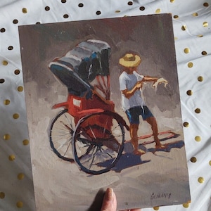 George Gemanis &quot;Rickshaw Man&quot; Original Vintage Oil Painting
