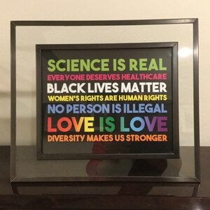 May include: A framed print with the text "SCIENCE IS REAL", "EVERYONE DESERVES HEALTHCARE", "BLACK LIVES MATTER", "WOMEN'S RIGHTS ARE HUMAN RIGHTS", "NO PERSON IS ILLEGAL", "LOVE IS LOVE", and "DIVERSITY MAKES US STRONGER". The text is in a rainbow of colours.