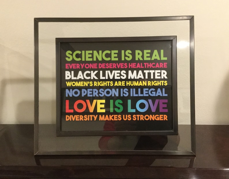 May include: A framed print with the text "SCIENCE IS REAL", "EVERYONE DESERVES HEALTHCARE", "BLACK LIVES MATTER", "WOMEN'S RIGHTS ARE HUMAN RIGHTS", "NO PERSON IS ILLEGAL", "LOVE IS LOVE", and "DIVERSITY MAKES US STRONGER". The text is in a rainbow of colours.