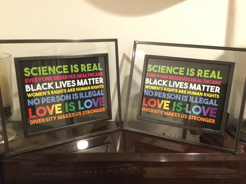 May include: Two framed prints with a black background and rainbow coloured text. The text reads "Science is real, Everyone deserves healthcare, Black lives matter, Women's rights are human rights, No person is illegal, Love is love, Diversity makes us stronger."