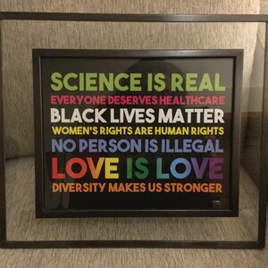 May include: Framed print with a black background and white text that reads "Science is real", "Everyone deserves healthcare", "Black lives matter", "Women's rights are human rights", "No person is illegal", "Love is love", and "Diversity makes us stronger".