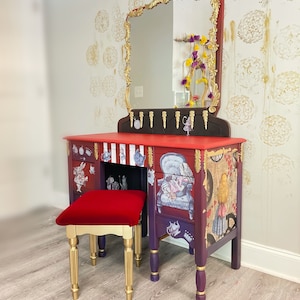 Hand-Painted Alice in Wonderland Vanity Table Set: Repurposed Whimsical Furniture