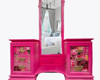 Hand-Painted Pink Antique Vanity: Upcycled Makeup Table