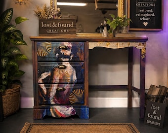 Ready 2 ship / Boho Vanity Desk with Mirror | Hand Painted Vintage Makeup Vanity | Artistic Dressing Table