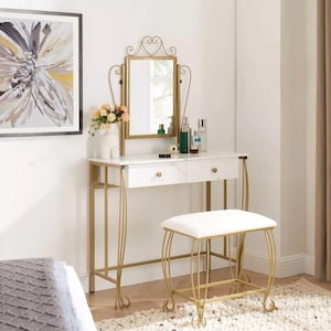 Modern Vanity Table with Stool: Faux Marble & Gold Frame