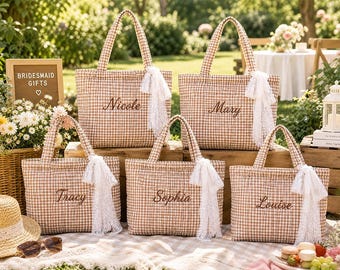 Personalized Embroidered Quilted Tote Bag, Custom Gingham Autumn Bridal Party Purse with Lace Ribbon