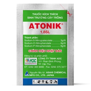 May include: A silver packet with green and white text. The packet reads "ATONIK 1.8SL" in large red letters. The text includes the ingredients and the manufacturer's information. The packet also has text in Vietnamese.