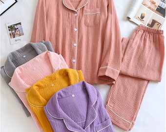 Lonimor Spring Autumn Men Cotton Double Layer Gauze Lapel Pajamas Cotton Simple Set Lonimor Spring Autumn Men Cotton Double Layer Gauze Lapel Pajamas Cotton Simple Set