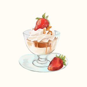 Parfait dessert aux fraises clipart carte postale numérique aquarelle imprimable a5 a6 autocollant dessiné à la main goodnote foodie téléchargement immédiat