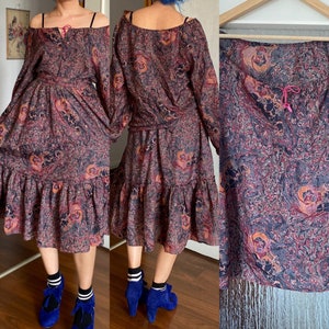 Dark and Romantic Witchy Vintage 1970s Hippie Prairie Cottage Core 2-Piece Set Patchwork Midi Skirt & Milkmaid Blouse