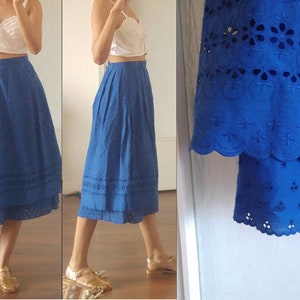 Vintage Cornflower Blue  1970s 1980s Prairie Cottage Core Milkmaid Cotton Broderie Anglaise Midi Skirt