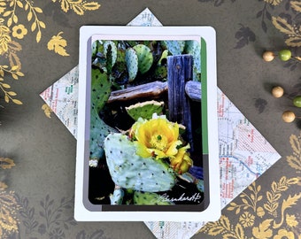 Prickly Pear Cactus Blossom Photo Card, Desert Art, Upcycled Map Envelope