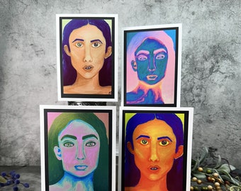 Colorful Girl Portrait Photo Cards, Blank Note Cards, Set of 4