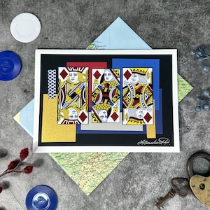 May include: A colorful illustration of four playing card kings, each with a different suit. The kings are arranged in a row, with the king of diamonds in the center. The background is black with gold accents.